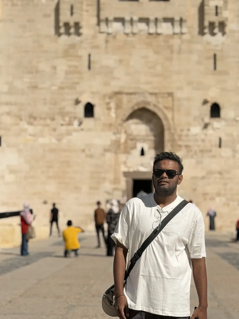 Akash in front of the citadel in Alexandria, Egypt